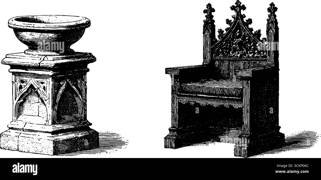 Police baptismale médiévale et illustration gravée sur le trône pour la conception historique. Illustration de Vecteur