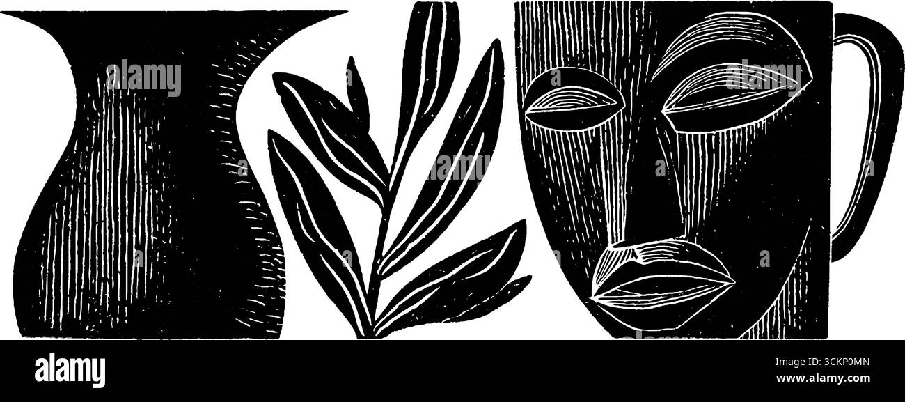 Illustration de style art folklorique avec texture gravée sur bois avec vase, feuille et masque. Illustration de Vecteur