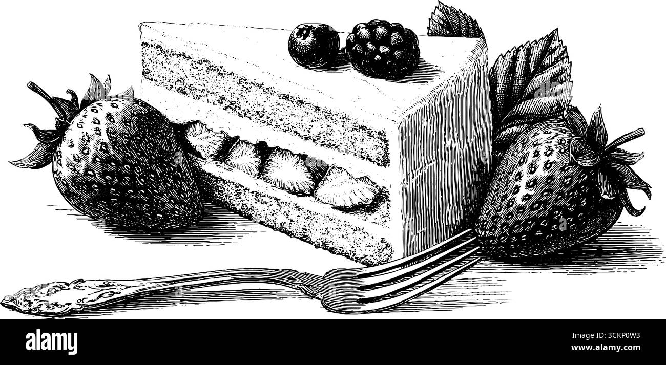 Illustration gravée vintage de dessert Shortcake à la fraise avec fourchette et baies. Illustration de Vecteur
