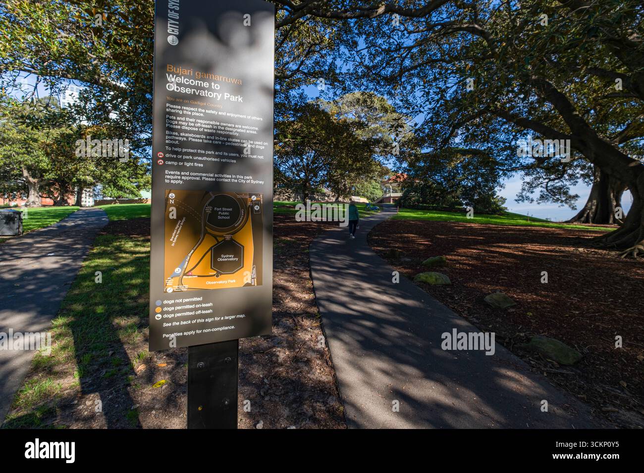 Un sentier guide les visiteurs à travers un parc pittoresque avec un panneau d'information sous de grands arbres, Observatory Hill Park, Millers point, Sydney Banque D'Images