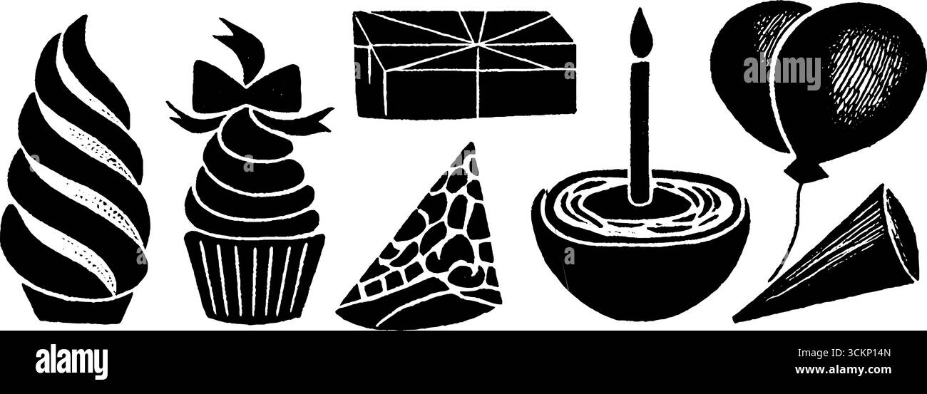 Ensemble de tourbillons de glaçage d'art néo folklorique avec des éléments de gâteau et de ballon. Illustration de Vecteur