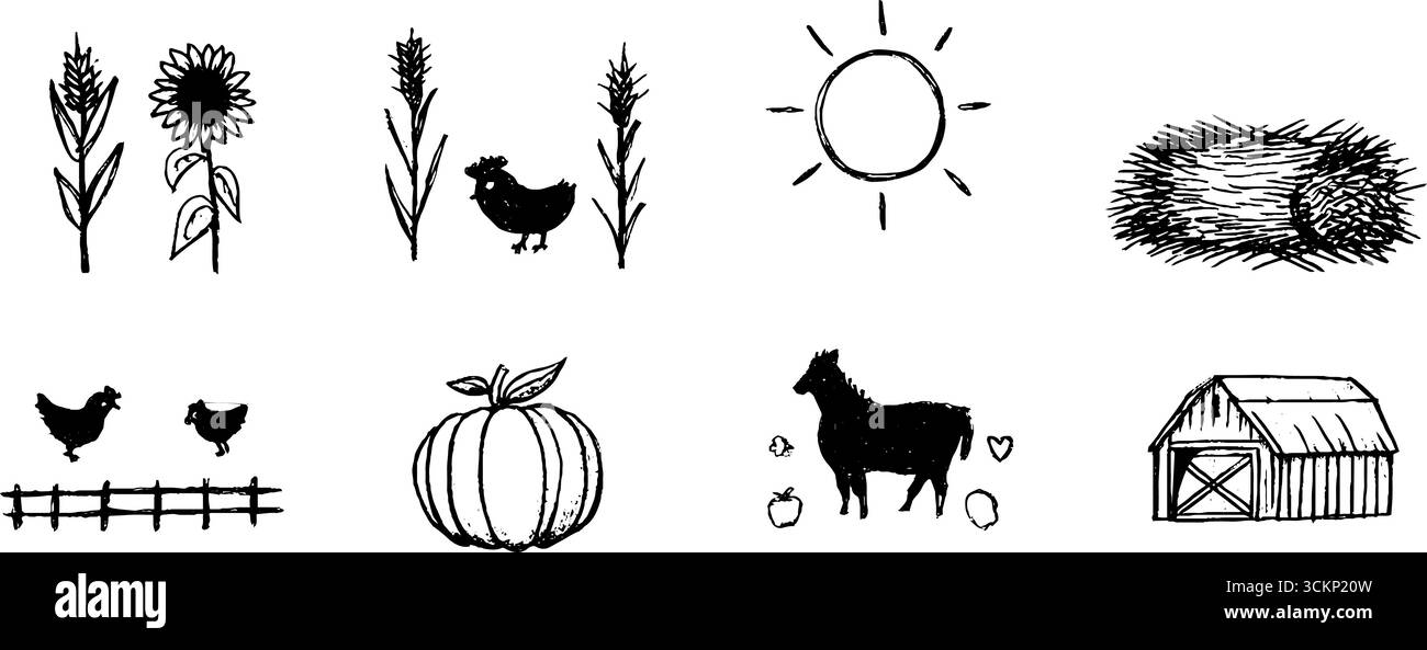 Croquis fantaisistes de la vie agricole mettant en vedette des tiges de maïs, des tournesols et des animaux de ferme. Illustration de Vecteur