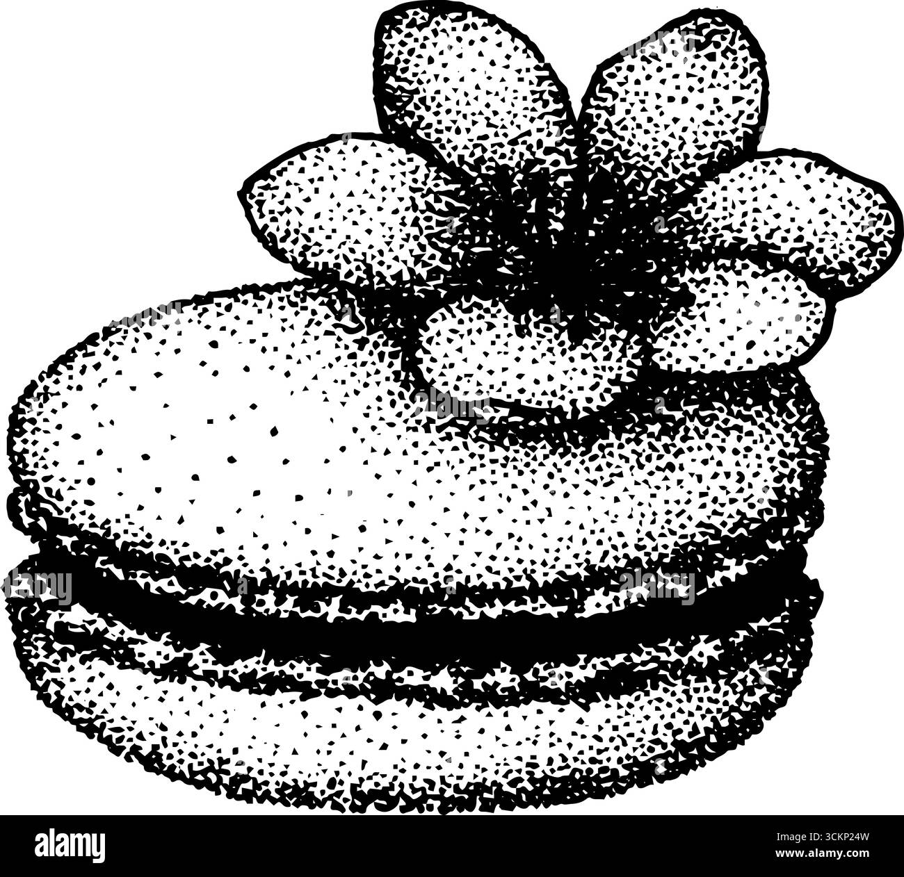 Illustration détaillée à l'encre pointillée de macaron avec accent de fleur. Illustration de Vecteur