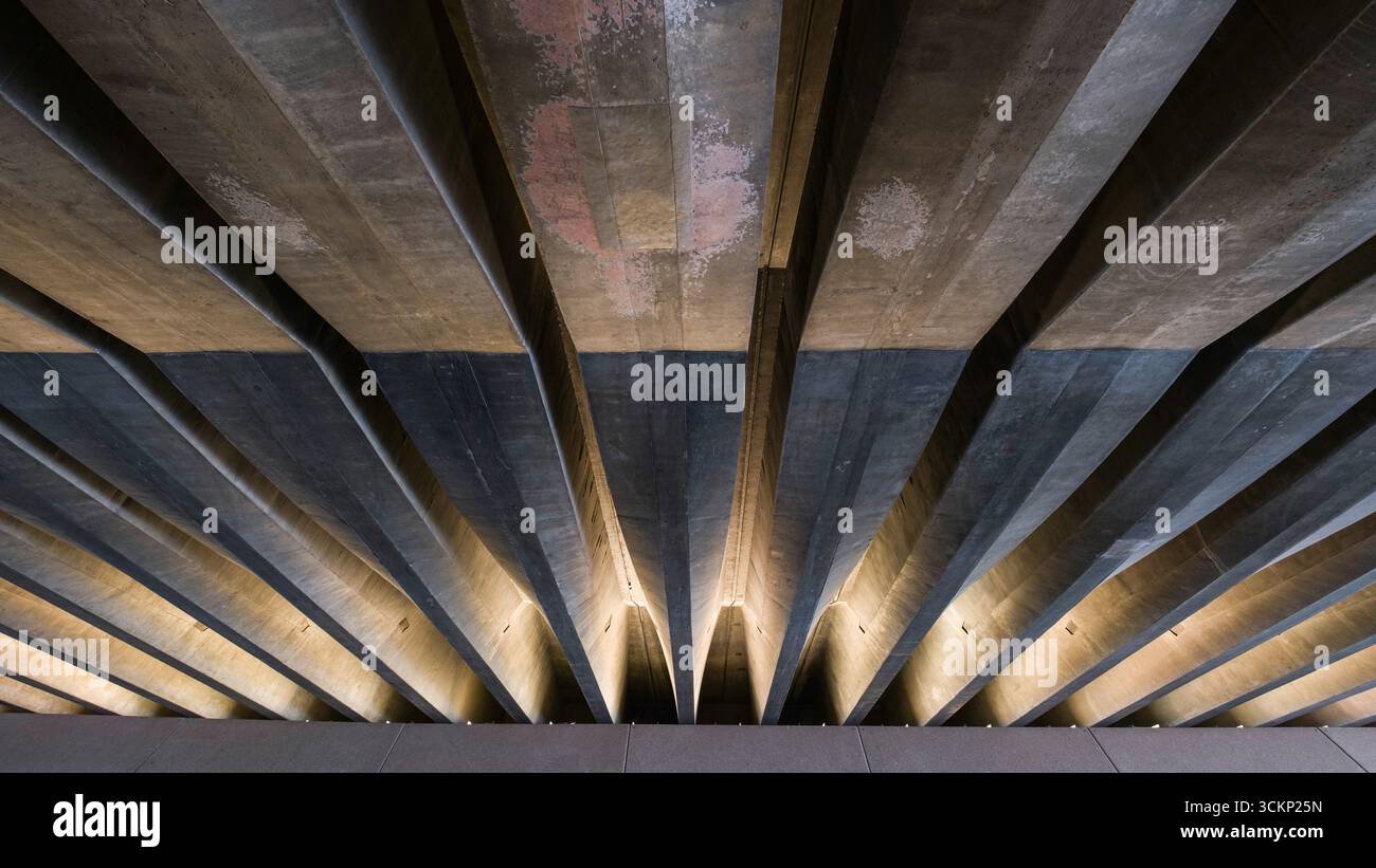 Une vue symétrique d'un plafond en béton avec des motifs géométriques, véhiculant un design architectural moderne, l'Opéra de Sydney Banque D'Images