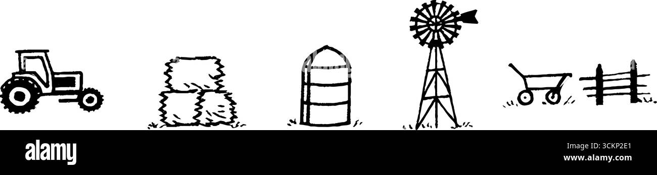 Éléments de ferme originaux : tracteur, balle de foin, silo, moulin à vent, brouette, et ensemble d'illustration de clôture. Illustration de Vecteur