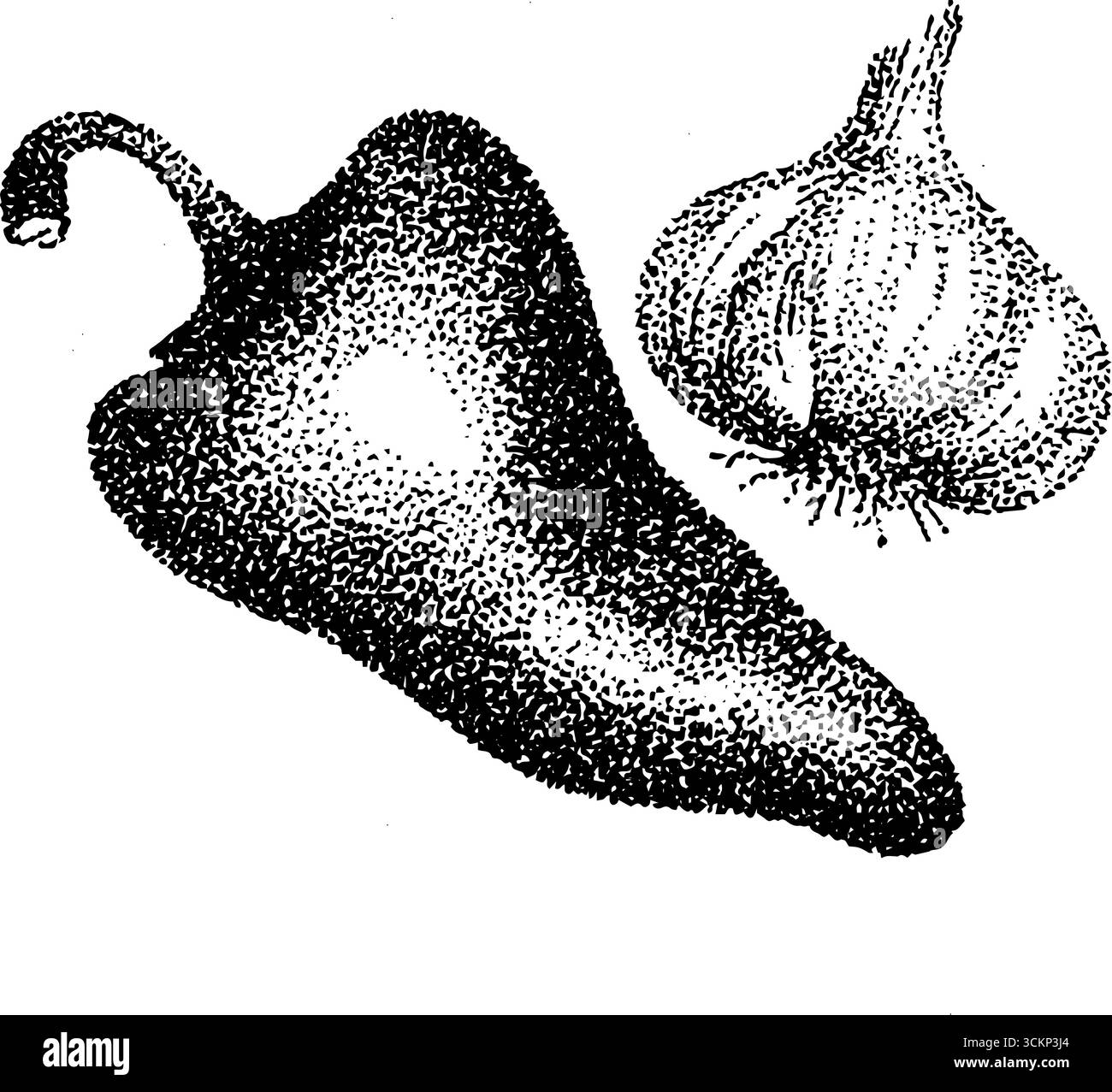 Illustration à l'encre pointillée de l'ail et du poivre en technique demi-teinte. Illustration de Vecteur