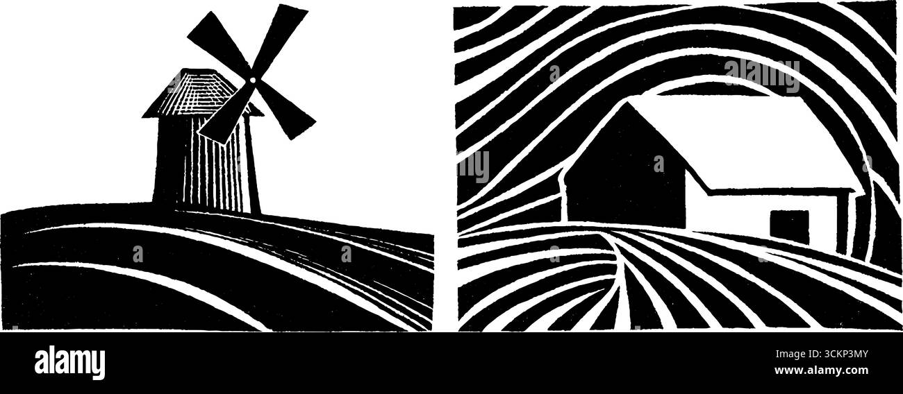 Art folklorique illustration de paysage rural avec moulin à vent et grange. Illustration de Vecteur