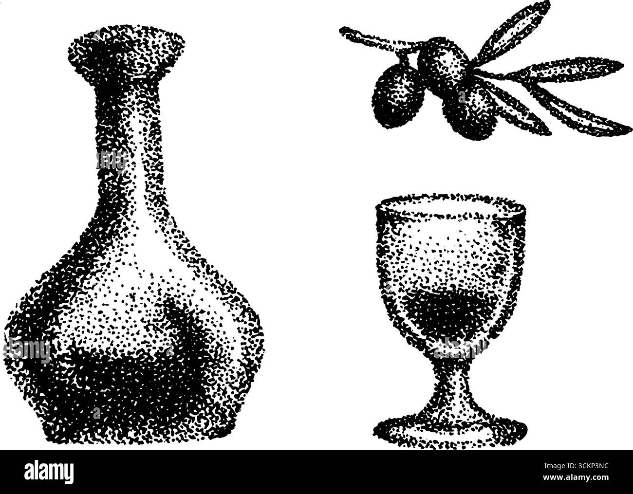 Art en pointillés de carafe à vin, branche d'olivier et verre pour des designs élégants. Illustration de Vecteur