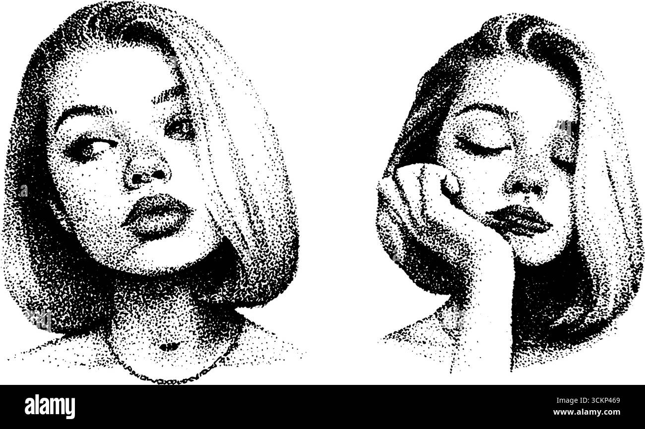 Illustration à l'encre pointillée de la femme avec la coiffure bob dans des expressions réfléchies. Illustration de Vecteur