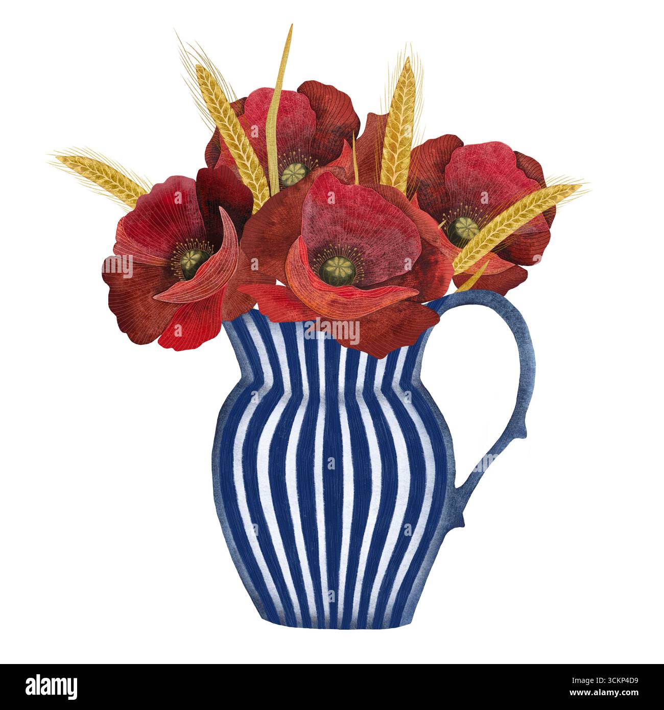 Bouquet de blé de pavot aquarelle dans un vase rayé. Coquelicots rouges blé doré dans un vase blanc bleu, isolé sur blanc. Parfait pour les designs d'été, récolte il Banque D'Images