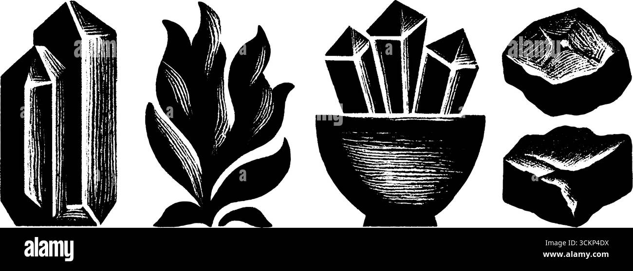 Illustration de style d'art folklorique néo de quartz brut et d'éléments de la nature. Illustration de Vecteur