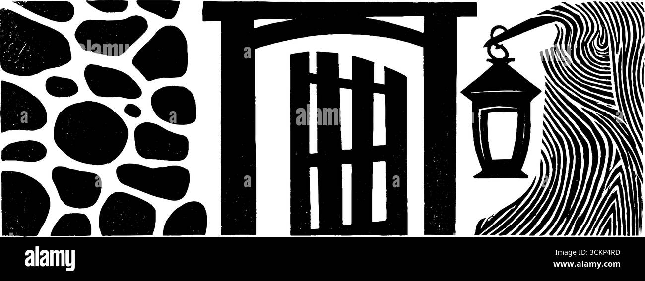 Illustration de gravure sur bois d'art folklorique avec portail et lanterne avec des textures de pierre et de bois. Illustration de Vecteur