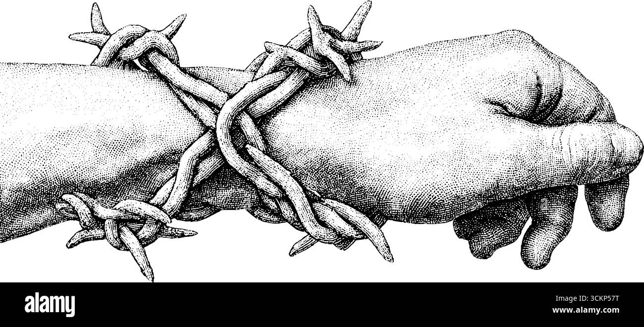 Tatouage complexe de dotwork de fil barbelé enroulé autour de la manchette de poignet symbolisant la restriction. Illustration de Vecteur