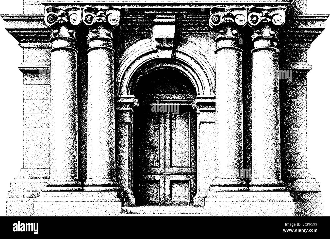 Façade de bâtiment de banque classique avec conception de dotwork d'entrée à colonnes pour l'impression architecturale. Illustration de Vecteur