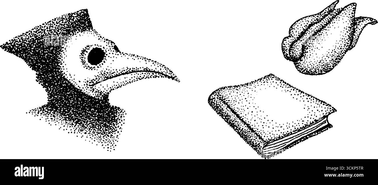 Illustration à l'encre pointillée du masque, du livre et de la feuille de médecin de la peste. Illustration de Vecteur
