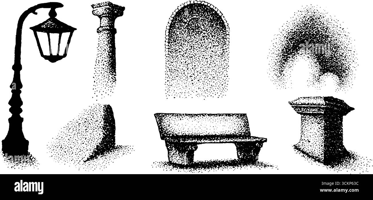 Jeu de pointillés d'encre hyper détaillé avec lampe, colonne, arche, banc et piédestal. Illustration de Vecteur