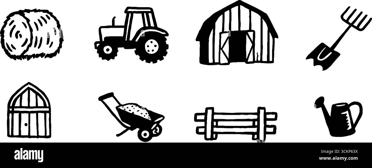 Croquis originaux de la vie agricole : balle de foin, tracteur, grange et outils pour des conceptions créatives. Illustration de Vecteur