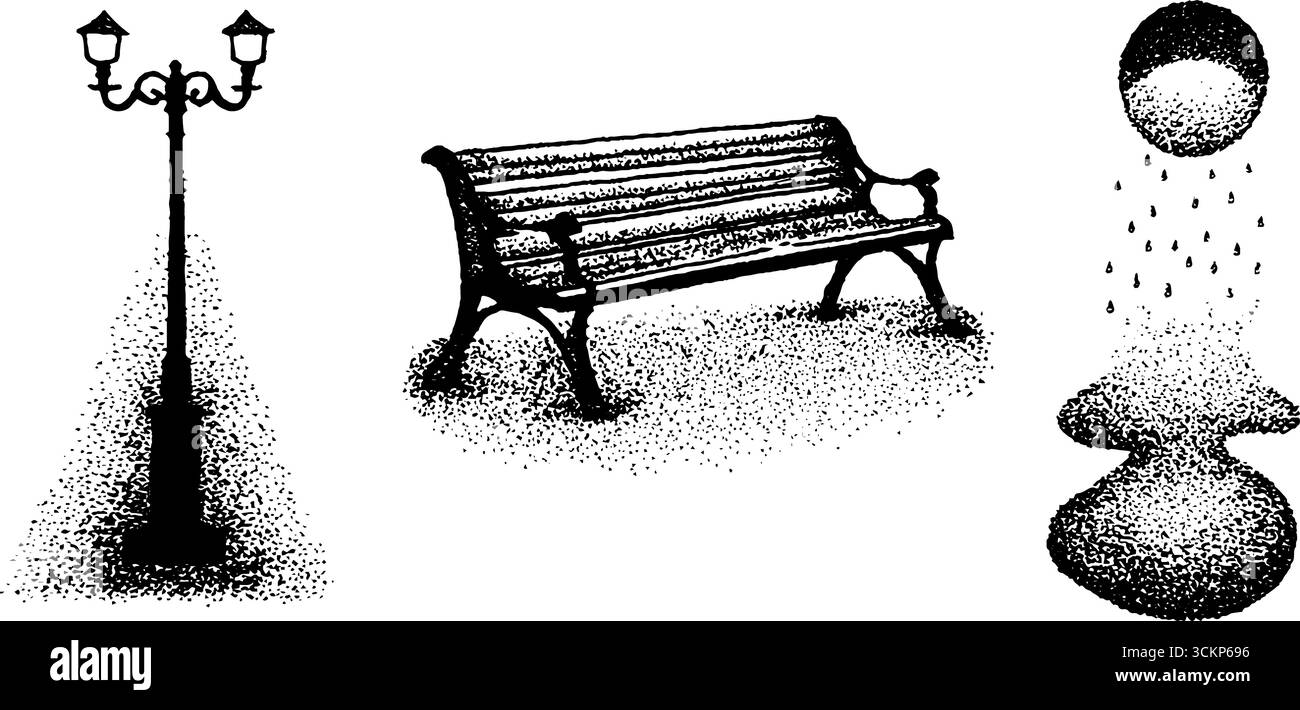 Design urbain vintage avec des pointillés d'encre de banc, lampadaire et gouttes de pluie. Illustration de Vecteur
