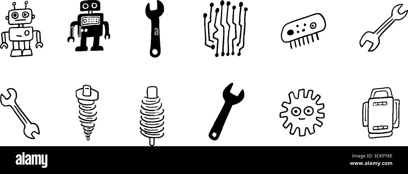 Robots originaux et croquis de circuits pour des projets de conception créatifs. Illustration de Vecteur