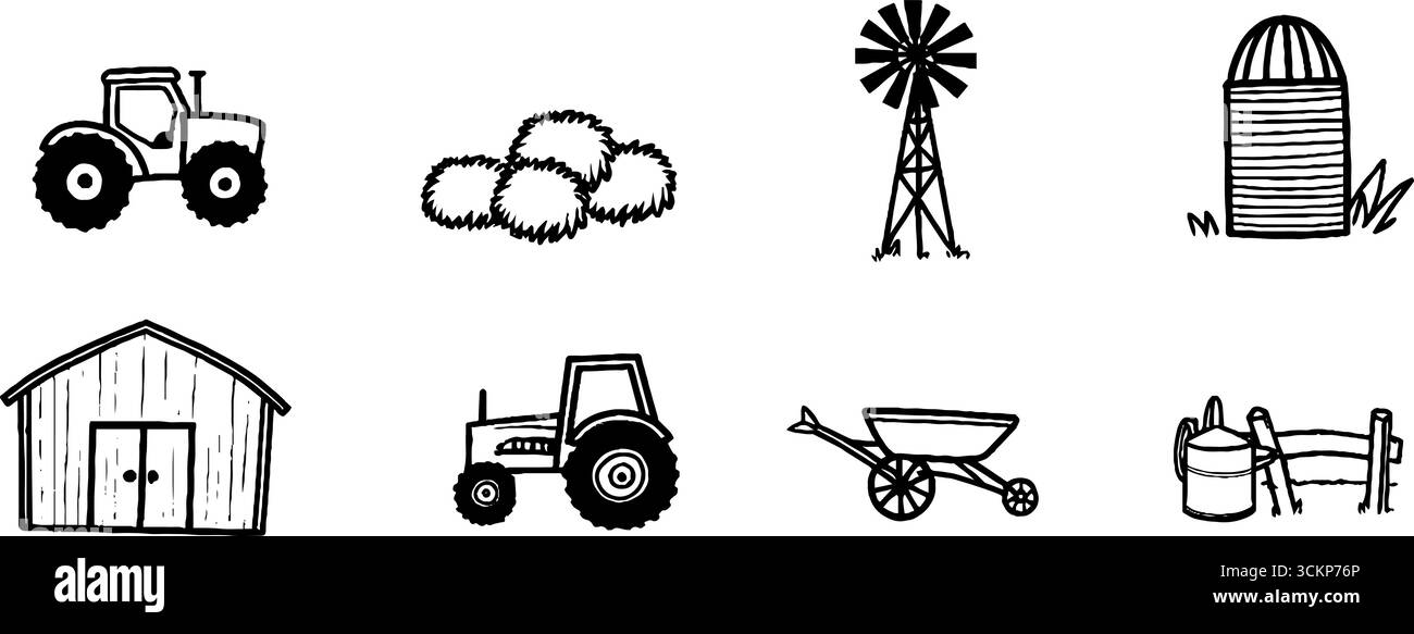 Ensemble de croquis de structures et d'équipements agricoles excentriques pour la conception et la décoration. Illustration de Vecteur