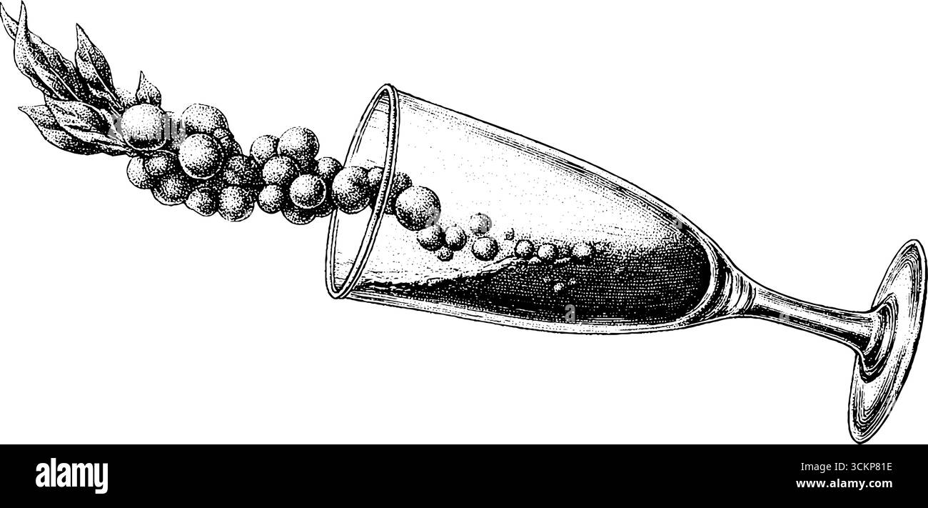 Conception de tatouage Dotwork de flûte à champagne avec des bulles montantes pour des concepts créatifs. Illustration de Vecteur