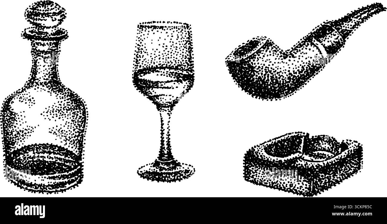Art vintage à l'encre pointillée avec carafe en verre, verre à vin, pipe à fumer et cendrier. Illustration de Vecteur