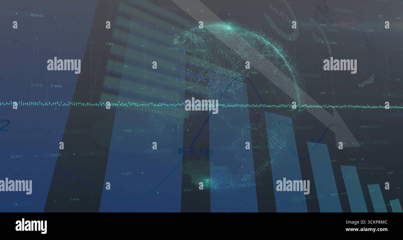Globe de particules tournant sur l'interface de données avec graphiques à barres ou linéaires, flèche vers le bas, forme d'onde et étiquettes Banque D'Images