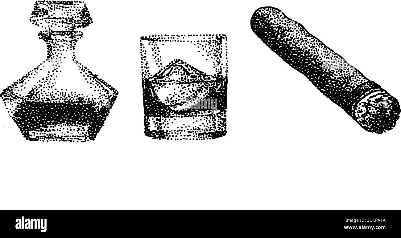 Art vintage pointillé de carafe, verre de whisky et cigare pour un design classique. Illustration de Vecteur