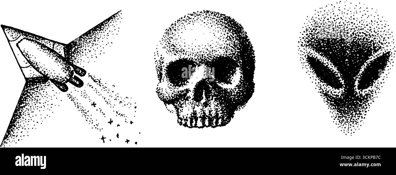 Exploration cosmique et mystères : Spaceship, Skull, and Alien in Detailed Ink stipple compris Illustration de Vecteur