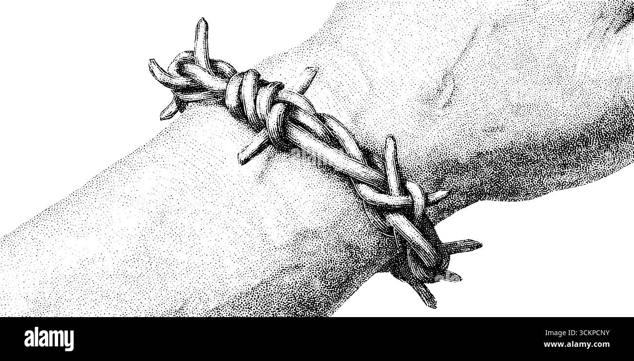 Conception de tatouage de manchette de fil barbelé avec technique de dotwork sur le poignet. Illustration de Vecteur