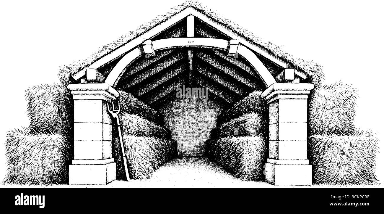 Intérieur rustique de grange avec balles de foin empilées et fourche. Illustration de Vecteur