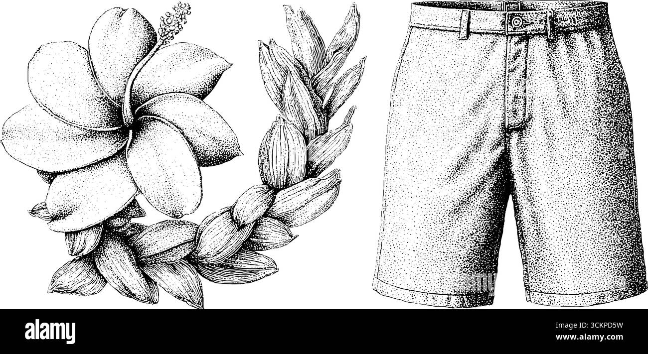 Chemise hawaïenne vintage des années 1950 et short taille haute pour la mode rétro et le style estival. Illustration de Vecteur