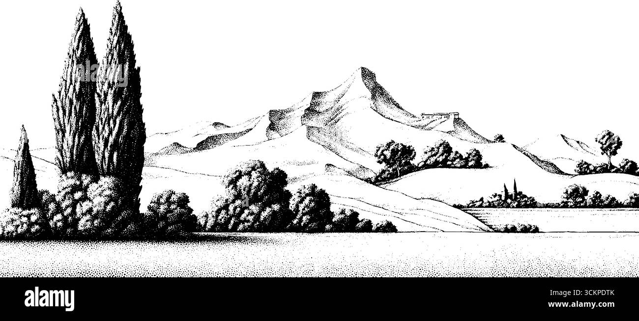 Ferme pittoresque du désert avec des cultures clairsemées et des montagnes lointaines - illustration de paysage tranquille. Illustration de Vecteur
