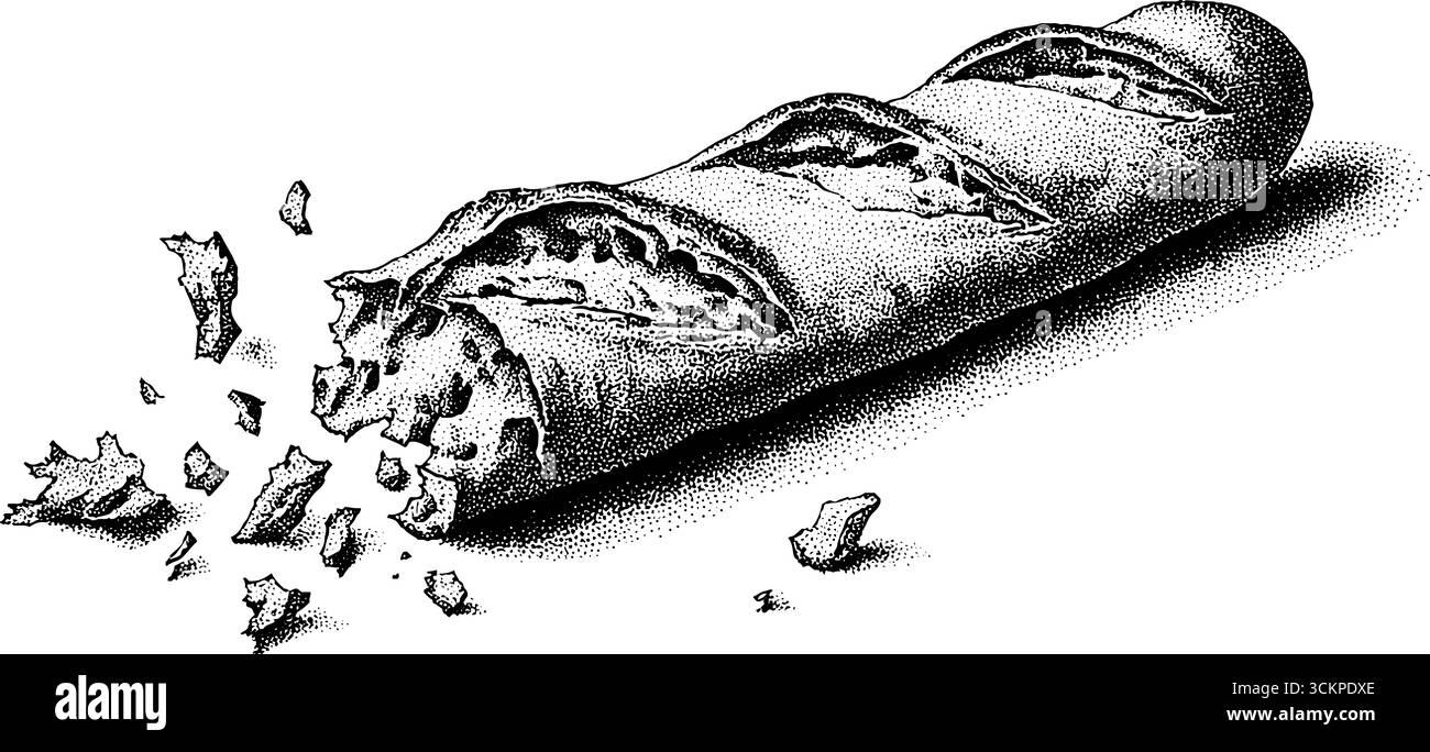 Baguette rustique avec des morceaux cassés et des miettes dispersées dans un design de dotwork détaillé. Illustration de Vecteur