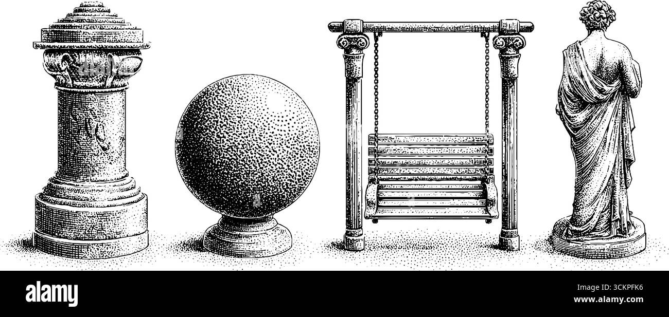 Ensemble d'art vintage avec statue classique, plate-forme pivotante et borne ornementale. Illustration de Vecteur