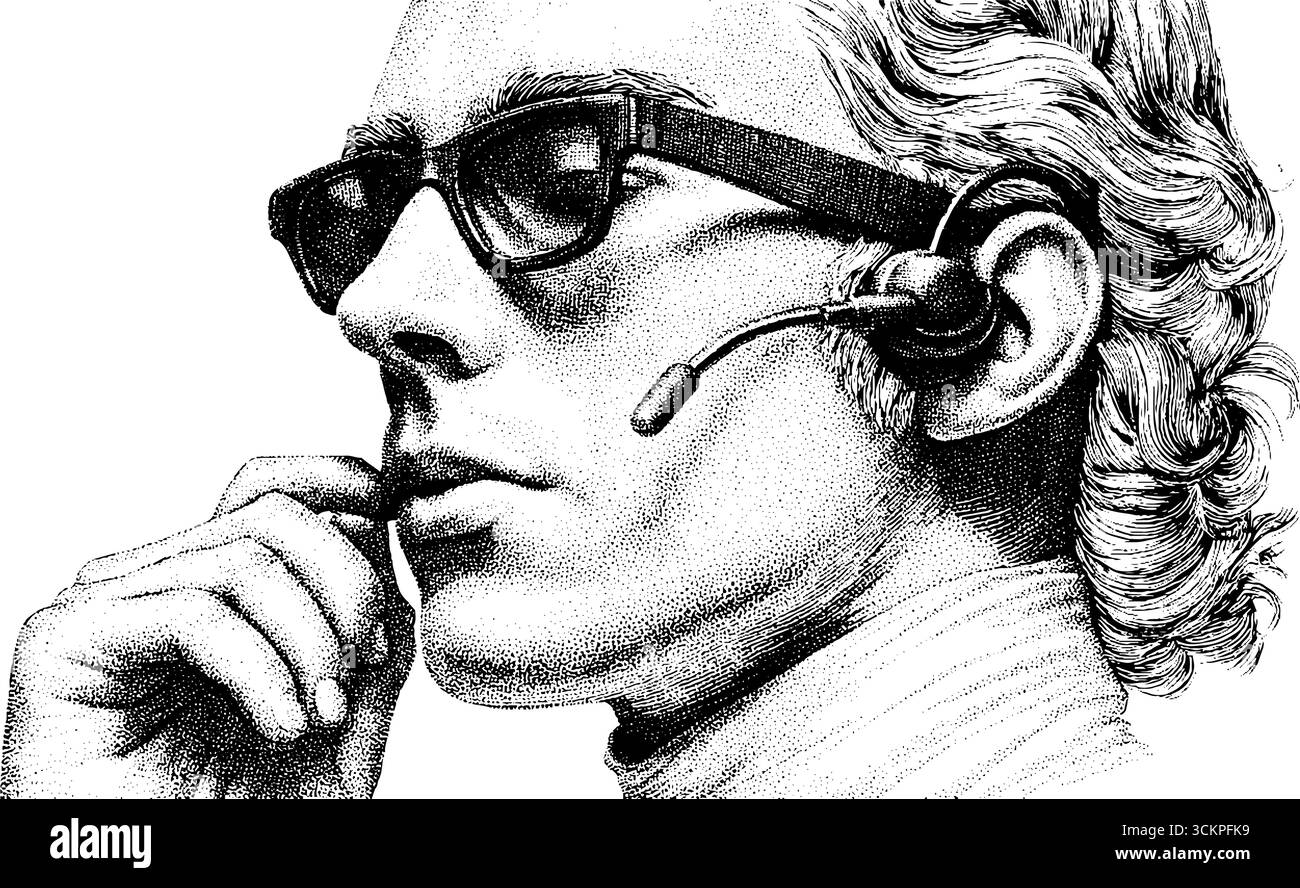 Interprète avec casque envisageant des solutions linguistiques pour une communication efficace. Illustration de Vecteur