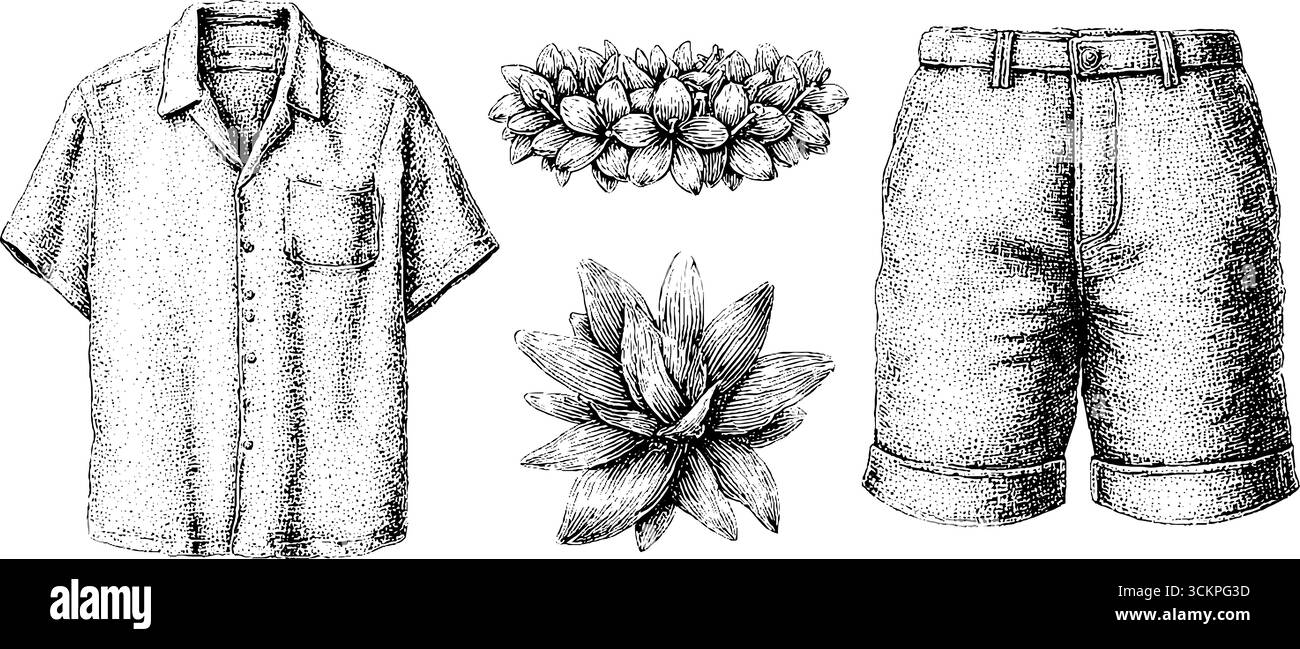 Chemise hawaïenne vintage des années 1950 et short taille haute avec des éléments floraux tropicaux. Illustration de Vecteur
