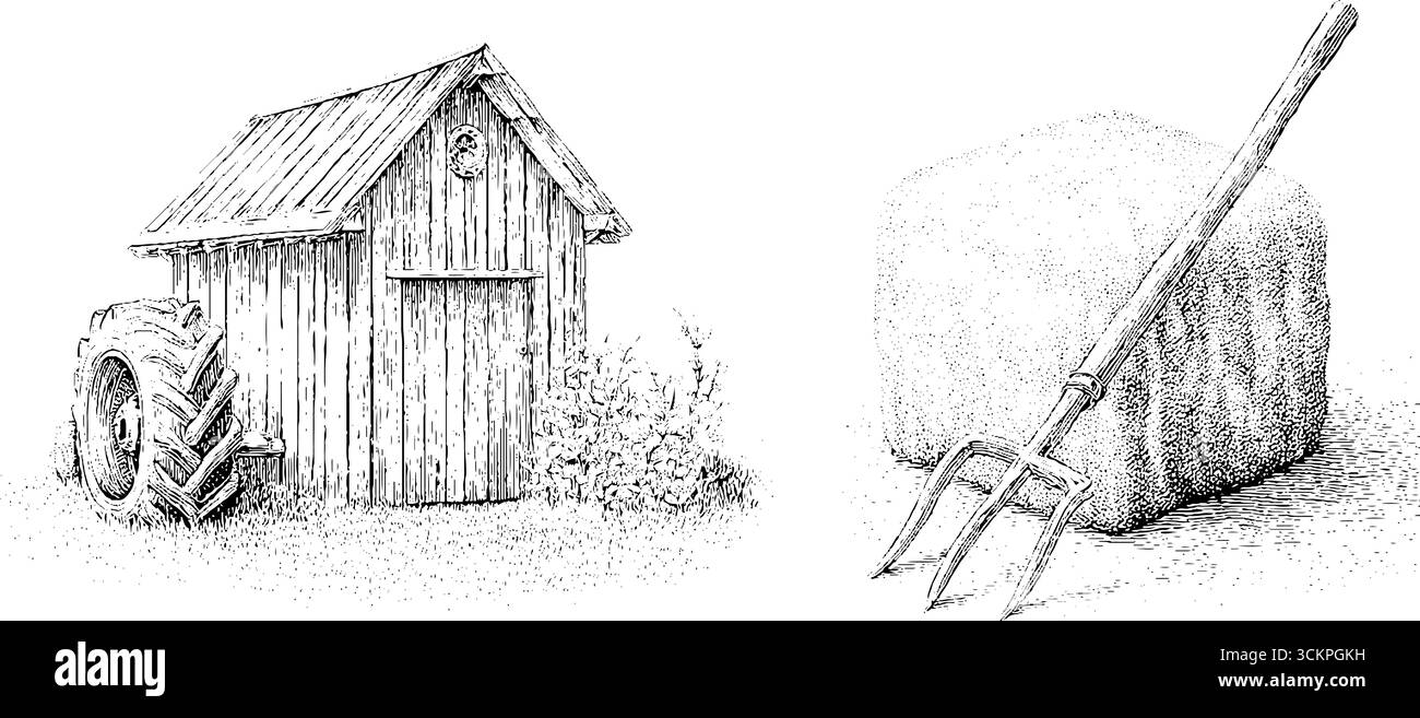 Éléments de ferme rustique avec grange, tracteur, balle de foin et fourche pour la conception agricole. Illustration de Vecteur