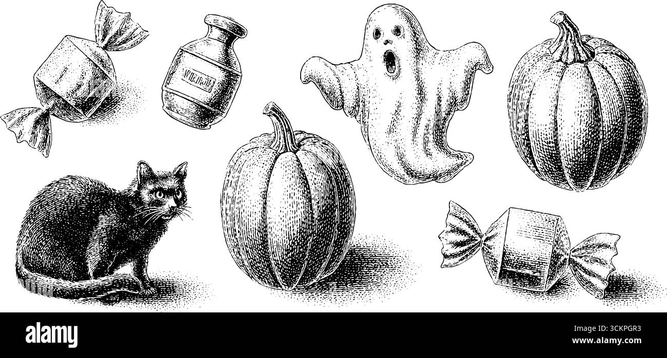 Fantômes d'Halloween, citrouilles, chat noir et bonbons pour un design festif. Illustration de Vecteur