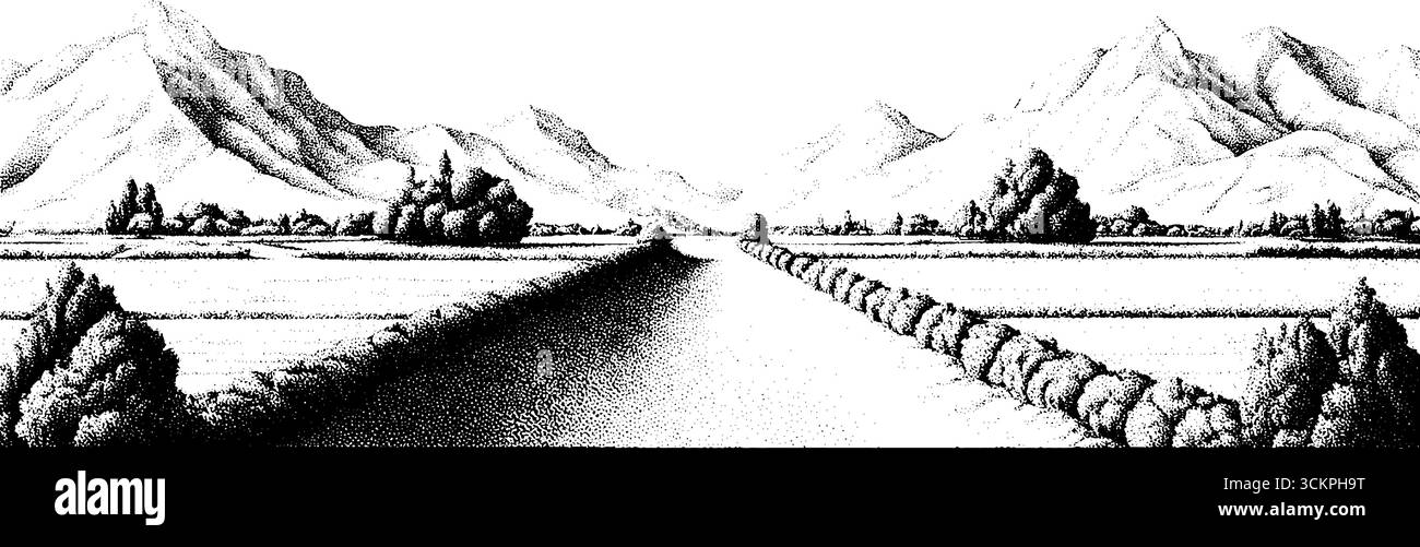 Ferme sereine du désert avec des cultures clairsemées et des montagnes lointaines dans un paysage pittoresque. Illustration de Vecteur