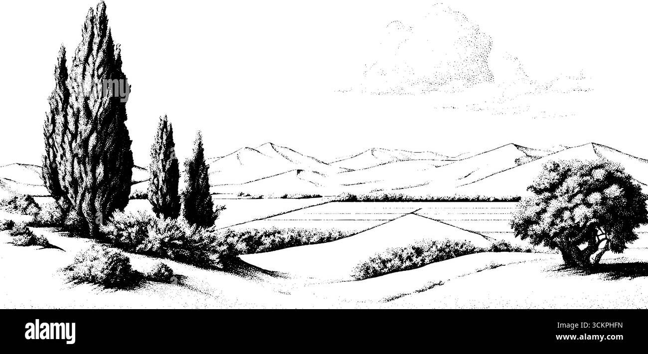 Paysage désertique tranquille avec des cultures clairsemées et des montagnes lointaines idéales pour la nature Illustration de Vecteur