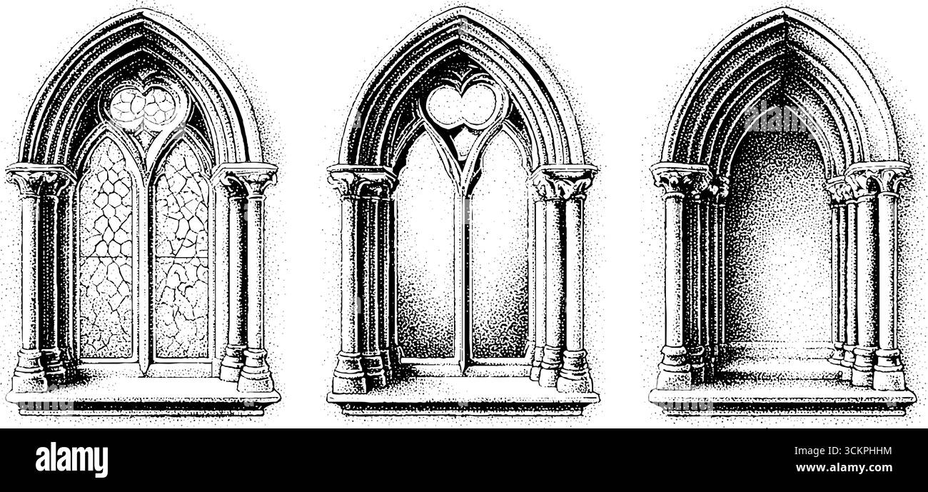 Tracés de fenêtres gothiques et vitraux pour l'inspiration architecturale. Illustration de Vecteur