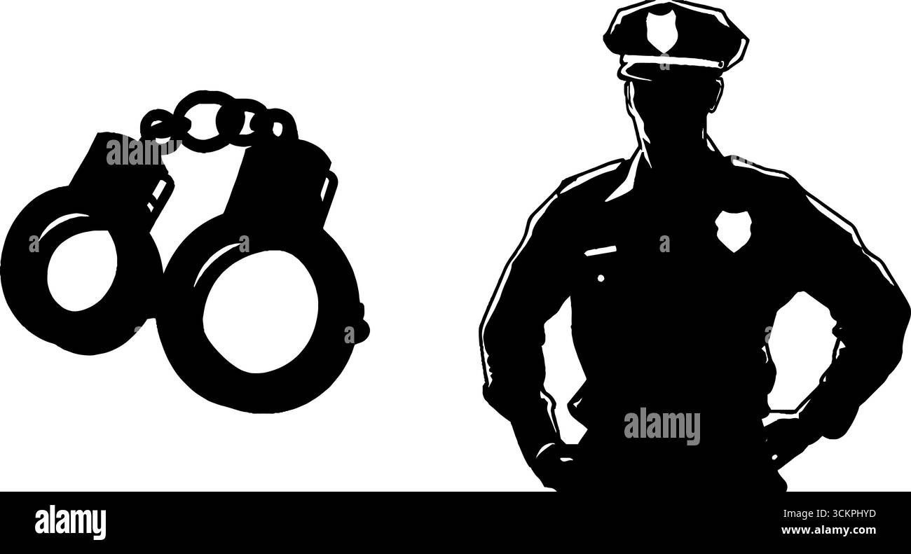 Silhouette d'officier de police et de badge avec menottes pour les thèmes de l'application de la loi. Illustration de Vecteur