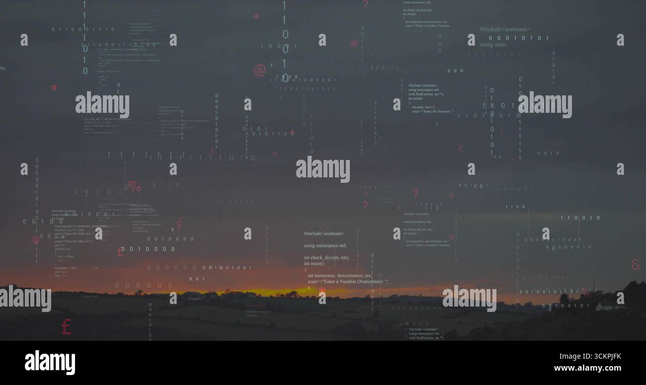 Affichage de collage numérique fusionnant le ciel crépusculaire sur des collines avec des chiffres binaires flottants, des symboles de code Banque D'Images