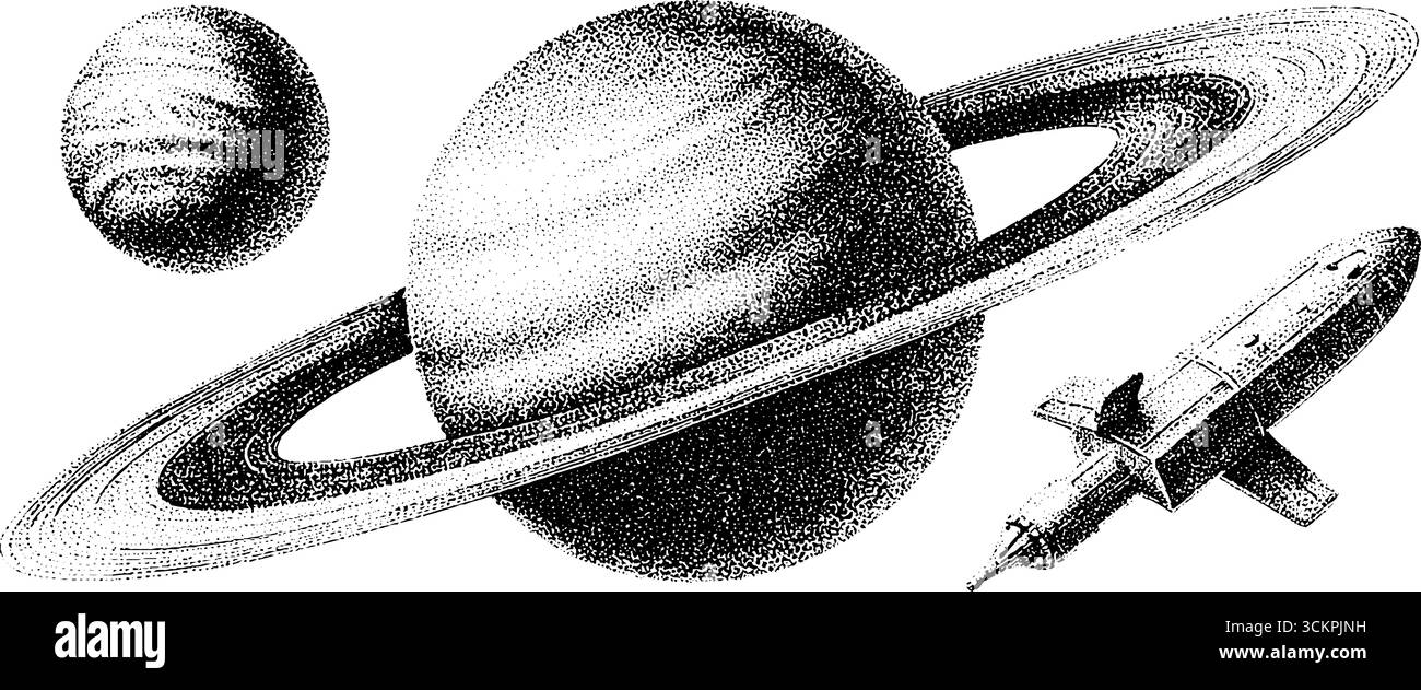 Art spatial rétro avec planètes stylisées et design satellite de style comique. Illustration de Vecteur