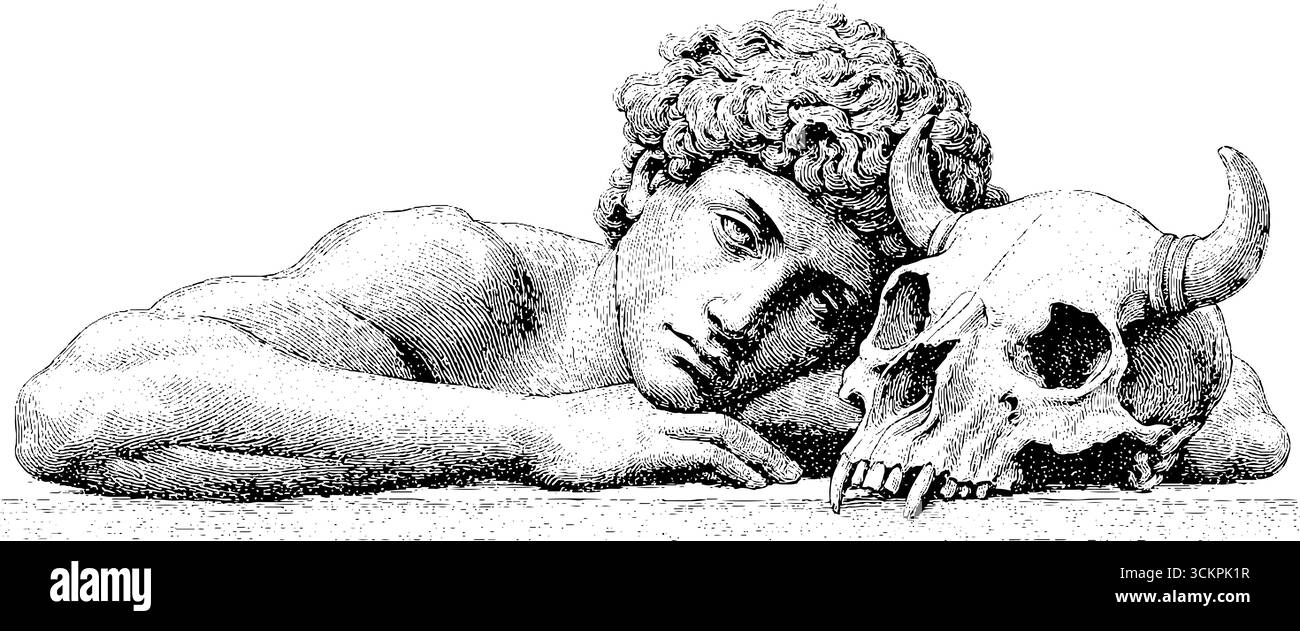 Thésée et la sculpture du crâne de minotaure représentant la mythologie grecque. Illustration de Vecteur