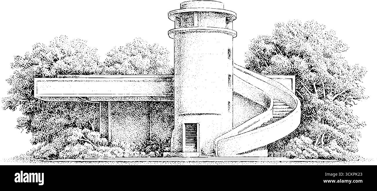 Architecture brutaliste monochrome avec façade en béton et escalier en colimaçon. Illustration de Vecteur