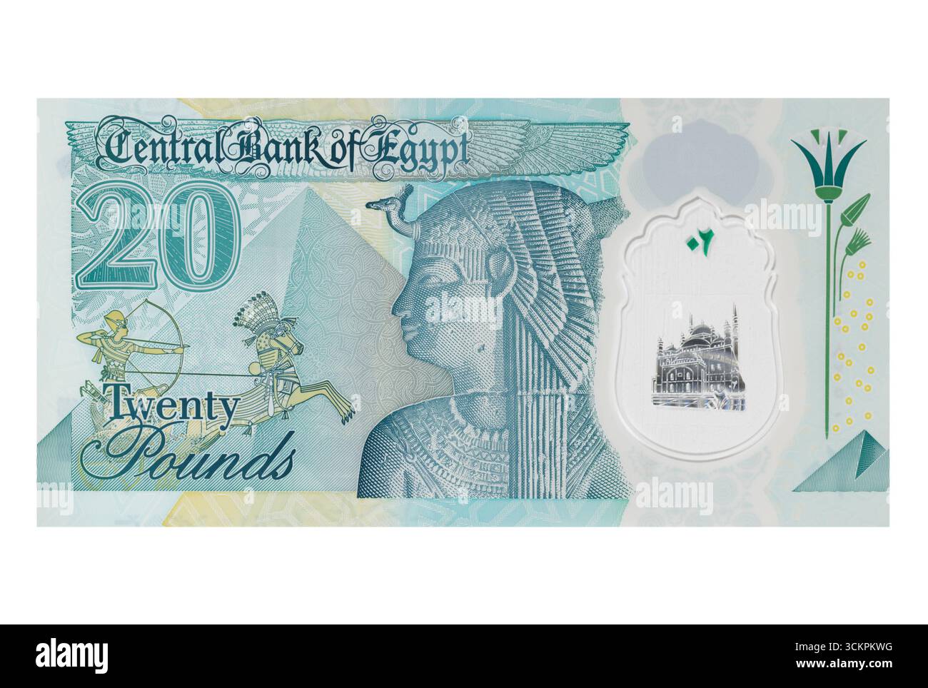 Billet de banque égyptien de vingt livres sur fond blanc Banque D'Images