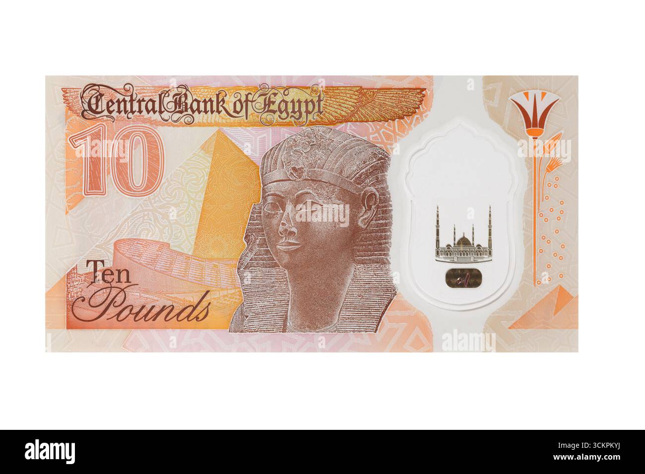 Billet de banque égyptien de dix livres sur fond blanc Banque D'Images