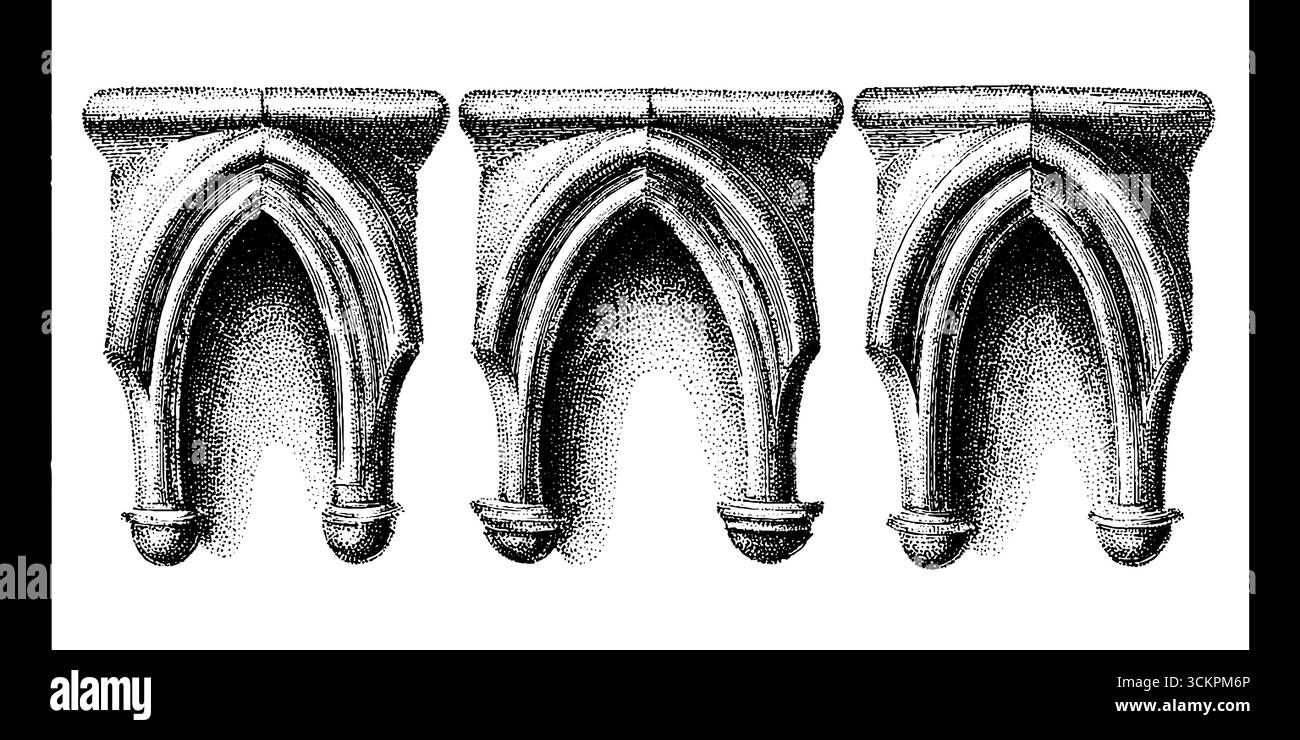 Éléments architecturaux : représentation détaillée de contreforts volants et d'arcs secondaires. Illustration de Vecteur